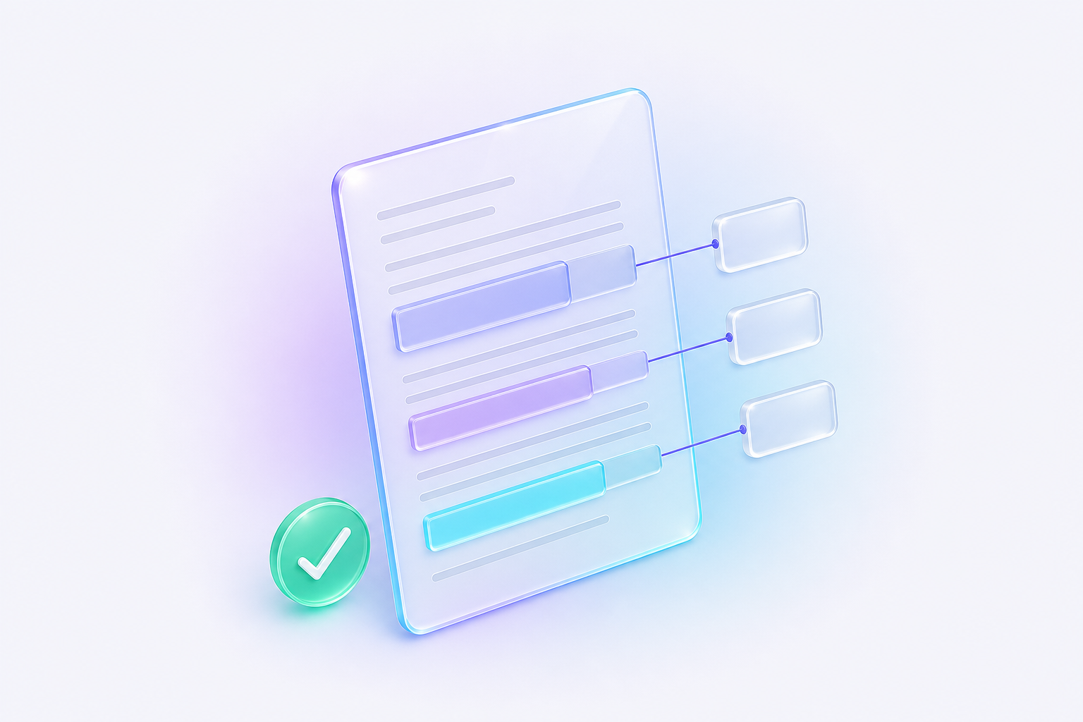 Translucent glass document with highlighted extracted fields, floating value chips, and an approved check badge
